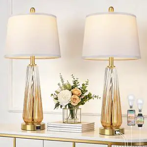 Glass Table Lamps Set of 2, Modern Bedside Lamps for Bedrooms with 3-Way Dimmable Touch Control Nightstand Lamp with White Lampshade USB A+C Ports, 27.5" Large Lamps for Living Room Decor, Champagne Glass Table Lamps Set of 2, Modern Bedside Lamps for Bedrooms with 3-Way Dimmable Touch Control Nightstand Lamp with White Lampshade USB A+C Ports, 27.5" Large Lamps for Living Room Decor, Champagne