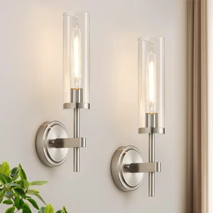 Wall Sconces Set of Two, Brushed Nickel Bathroom Sconces with Clear Glass, Hardwired Sconces Wall Decor Set of 2, Modern Wall Light Fixtures for Bathroom Mirror Living Room Bedroom Hallway Wall Sconces Set of Two, Brushed Nickel Bathroom Sconces with Clear Glass, Hardwired Sconces Wall Decor Set of 2, Modern Wall Light Fixtures for Bathroom Mirror Living Room Bedroom Hallway