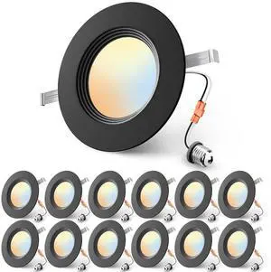 5/6 Inch Black LED Recessed Can Lights, 5CCT, 9W, 1000LM, 12 Pack Retrofit Baffle Trim, 5%-100% Dimmable, 2700K-5000K Selectable CCT, Damp&IC Rated, ETL&FCC Certified, Quick E26 Install 5/6 Inch Black LED Recessed Can Lights, 5CCT, 9W, 1000LM, 12 Pack Retrofit Baffle Trim, 5%-100% Dimmable, 2700K-5000K Selectable CCT, Damp&IC Rated, ETL&FCC Certified, Quick E26 Install