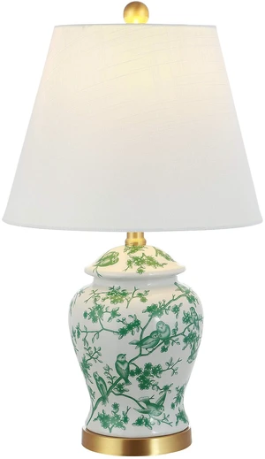 Penelope Ginger Jar 22" LED Table Lamp, White/Green Chinoiserie, Ceramic Metal Construction, French Country Traditional, Linen Empire Shade, Brass Gold, LED Bulb Included Penelope Ginger Jar 22" LED Table Lamp, White/Green Chinoiserie, Ceramic Metal Construction, French Country Traditional, Linen Empire Shade, Brass Gold, LED Bulb Included