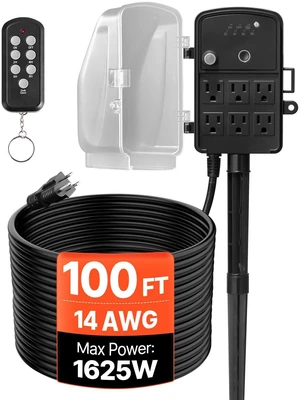 Outdoor Power Stake Timer, 100FT Extension Cord, Remote Control Outdoor Power Strip with Cover, Dusk to Dawn Light Timer Waterproof, 6 Outlets for Halloween Christmas Lights, Garden Decorations Outdoor Power Stake Timer, 100FT Extension Cord, Remote Control Outdoor Power Strip with Cover, Dusk to Dawn Light Timer Waterproof, 6 Outlets for Halloween Christmas Lights, Garden Decorations