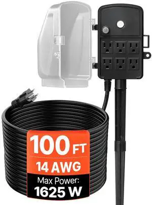 Outdoor Power Stake Waterproof, 100 FT Extension Cord, Outdoor Power Strip, Weatherproof with Cover and Overload Protection, 6 Outlets, 13A/1625W for Halloween/Christmas Lights Decorations Outdoor Power Stake Waterproof, 100 FT Extension Cord, Outdoor Power Strip, Weatherproof with Cover and Overload Protection, 6 Outlets, 13A/1625W for Halloween/Christmas Lights Decorations