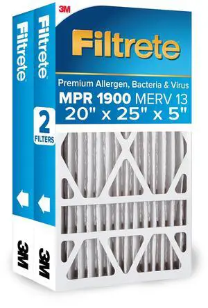 20x25x5 AC Furnace Air Filter, MERV 13, MPR 1900, Premium Allergen, Bacteria & Virus Filter, Electrostatic Air Cleaning Filter, 2-Pack (Actual Size 19.56 x 24.13 x 4.75 in) 20x25x5 AC Furnace Air Filter, MERV 13, MPR 1900, Premium Allergen, Bacteria & Virus Filter, Electrostatic Air Cleaning Filter, 2-Pack (Actual Size 19.56 x 24.13 x 4.75 in)