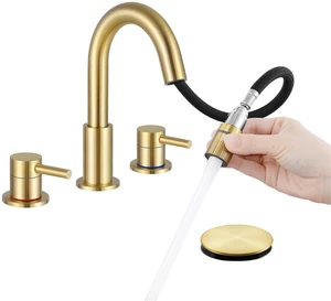 Brushed Gold Bathroom Sink Faucet 3 Hole with Pull Down Sprayer Lead-free stainless steel, pop-up drain, 2-handle, 360°swivel, 8-inch widespread Faucet for RV/vanity sink, 3-hole mount Brushed Gold Bathroom Sink Faucet 3 Hole with Pull Down Sprayer Lead-free stainless steel, pop-up drain, 2-handle, 360°swivel, 8-inch widespread Faucet for RV/vanity sink, 3-hole mount