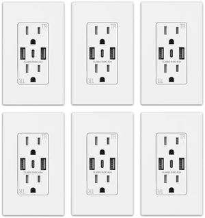 USB-C Wall Outlets - 3-Port Matte White 15Amp Outlets with USB, Tamper-Resistant, Screwless Wall Plate, UL & CUL Listed - 6 Pack USB-C Wall Outlets - 3-Port Matte White 15Amp Outlets with USB, Tamper-Resistant, Screwless Wall Plate, UL & CUL Listed - 6 Pack