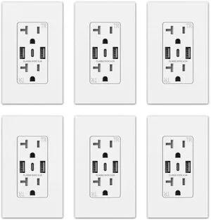 USB Wall Outlet, 3-Port Dual Type C and Type A, 20 Amp, Receptacle for iPhone, iPad, Samsung, Google, LG, HTC, Android Devices and More, UL Listed, w/Wall Plate, 6 Pack, White USB Wall Outlet, 3-Port Dual Type C and Type A, 20 Amp, Receptacle for iPhone, iPad, Samsung, Google, LG, HTC, Android Devices and More, UL Listed, w/Wall Plate, 6 Pack, White