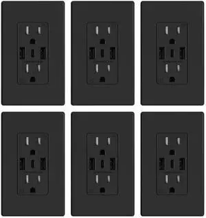 USB Wall Outlets, 3-Ports USB C Wall Outlets Receptacles, Matte Black 15 Amp Outlets with Type-A&C, TR Tamper-Resistant Outlets, Screwless Wall Plate Included, UL & CUL Listed, 6 Pack USB Wall Outlets, 3-Ports USB C Wall Outlets Receptacles, Matte Black 15 Amp Outlets with Type-A&C, TR Tamper-Resistant Outlets, Screwless Wall Plate Included, UL & CUL Listed, 6 Pack