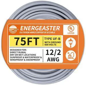 12/2 UF-B 75FT Solid Underground Feeder Direct Burial Cable UV & Moisture Resistant, Ideal for Outdoor Lighting & Pump Installations & Residential Indoor Electrical Projects, UL listed 12/2 UF-B 75FT Solid Underground Feeder Direct Burial Cable UV & Moisture Resistant, Ideal for Outdoor Lighting & Pump Installations & Residential Indoor Electrical Projects, UL listed