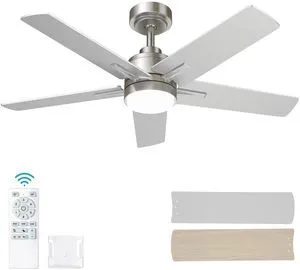 42 Inch Brushed Nickel Ceiling Fan with Light and Remote Control 6-Speed Quiet Reversible DC Motor, Dimmable 3CCT LED, 3 Timer Settings, 5-Blade Modern Design, Indoor or Covered Outdoor Use 42 Inch Brushed Nickel Ceiling Fan with Light and Remote Control 6-Speed Quiet Reversible DC Motor, Dimmable 3CCT LED, 3 Timer Settings, 5-Blade Modern Design, Indoor or Covered Outdoor Use