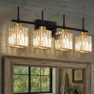 Modern Crystal Bathroom Vanity Light 4-Lights Gold Bathroom Light Fixtures Over Mirror Black and Gold Vanity Lighting Fixtures Gold Square Shade Brass Wall Sconce (Bulbs Not Include) Modern Crystal Bathroom Vanity Light 4-Lights Gold Bathroom Light Fixtures Over Mirror Black and Gold Vanity Lighting Fixtures Gold Square Shade Brass Wall Sconce (Bulbs Not Include)