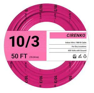 10/3 NM-B Cable 50 FT, UL Listed 10 Gauge Indoor Wire with Ground Solid Bare Copper, No CCA, 3 Conductors Plus Ground, Durable Pink NM-B Jacket, Easy to Strip, for Dry Locations, 30 Amp, 600V 10/3 NM-B Cable 50 FT, UL Listed 10 Gauge Indoor Wire with Ground Solid Bare Copper, No CCA, 3 Conductors Plus Ground, Durable Pink NM-B Jacket, Easy to Strip, for Dry Locations, 30 Amp, 600V