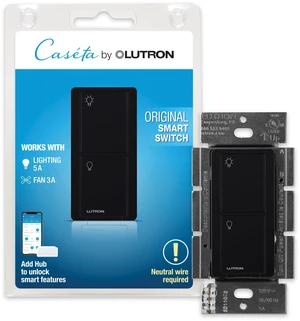 Caseta Smart Light Switch for Lighting and Fans (Smart Hub Required) For Caseta systems, smart switch for any bulbs, 6 amp, single-pole/3-way, neutral required, PD-6ANS-BL, Black Caseta Smart Light Switch for Lighting and Fans (Smart Hub Required) For Caseta systems, smart switch for any bulbs, 6 amp, single-pole/3-way, neutral required, PD-6ANS-BL, Black