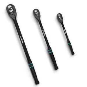 3-Piece Extra Long Drive Ratchet Handle, 90-Tooth Ratchet Wrench 1/4", 3/8", 1/2" Socket Wrench with Dust Proof Teardrop Enclosed CR-MO Head, Reversible, CR-V Made, Black Mn Phosphate Finish 3-Piece Extra Long Drive Ratchet Handle, 90-Tooth Ratchet Wrench 1/4", 3/8", 1/2" Socket Wrench with Dust Proof Teardrop Enclosed CR-MO Head, Reversible, CR-V Made, Black Mn Phosphate Finish