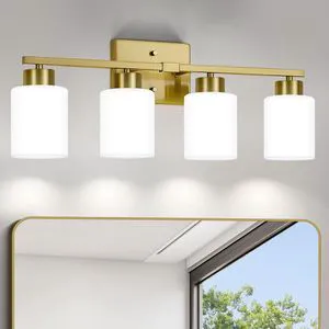 Brushed Gold Bathroom Light Fixtures Vanity Lights Over Mirror Modern 4-Light Lighting Fixtures for Bathroom With Milky White Frosted Glass Shades, E26 Socket (Bulbs Not Included) Brushed Gold Bathroom Light Fixtures Vanity Lights Over Mirror Modern 4-Light Lighting Fixtures for Bathroom With Milky White Frosted Glass Shades, E26 Socket (Bulbs Not Included)