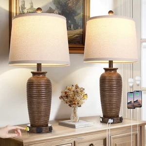 25" Retro Walnut Brown Farmhouse Jar Table Lamps Set of 2, 3 Way Touch Control Rustic Bedside Lamps with USB A+C Ports & AC Outlet, Pot Nightstand Lamps for Bedroom Living Room 25" Retro Walnut Brown Farmhouse Jar Table Lamps Set of 2, 3 Way Touch Control Rustic Bedside Lamps with USB A+C Ports & AC Outlet, Pot Nightstand Lamps for Bedroom Living Room