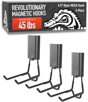 MEGA 4.5 in Open Hooks, 45 lb Magnetic Hooks 3 Pack Patented Easy-Release, Non-Slip Grip. Works on steel cabinets, doors, garage, toolboxes, pole barns, utility vans & more MEGA 4.5 in Open Hooks, 45 lb Magnetic Hooks 3 Pack Patented Easy-Release, Non-Slip Grip. Works on steel cabinets, doors, garage, toolboxes, pole barns, utility vans & more