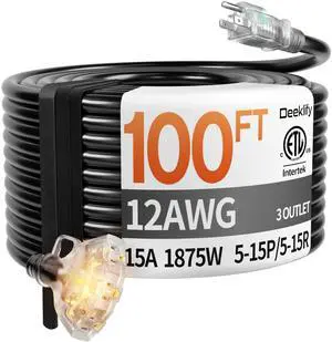 100FT 12 Gauge Black Outdoor Extension Cord with Multiple Outlets 3 Outlet Black Extension Cord 100 Feet, Indicator Light & Hook, Flexible Waterproof SJTW, 15A 1875W, ETL Listed, Home/Garden 100FT 12 Gauge Black Outdoor Extension Cord with Multiple Outlets 3 Outlet Black Extension Cord 100 Feet, Indicator Light & Hook, Flexible Waterproof SJTW, 15A 1875W, ETL Listed, Home/Garden