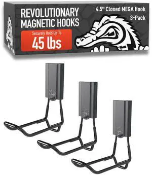 MEGA 4.5 in Closed Hooks, 45 lb Magnetic Hooks 3 Pack Patented Easy-Release, Non-Slip Grip. Works on steel cabinets, doors, garage, toolboxes, pole barns, utility vans & more MEGA 4.5 in Closed Hooks, 45 lb Magnetic Hooks 3 Pack Patented Easy-Release, Non-Slip Grip. Works on steel cabinets, doors, garage, toolboxes, pole barns, utility vans & more