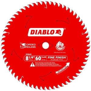 Fine Finish Saw Blade - 8-1/4 in Diameter, 60 ATB Teeth Tico Hi-Density Carbide and Perma-Shield - Ideal for Wood, Plywood and Melamine - D0860X Fine Finish Saw Blade - 8-1/4 in Diameter, 60 ATB Teeth Tico Hi-Density Carbide and Perma-Shield - Ideal for Wood, Plywood and Melamine - D0860X