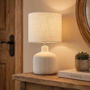 Ceramic Table Lamp, Off-White, 17.75" Rustic Farmhouse, Beige Linen Shade, Warm Ambient Lighting, Bedside Nightstand Ceramic Table Lamp, Off-White, 17.75" Rustic Farmhouse, Beige Linen Shade, Warm Ambient Lighting, Bedside Nightstand