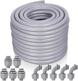 Liquid-Tight Conduit and Connector Kit - 3/4 Inch 75 FT Non Metallic Liquid Tight Electrical Conduit with 5 Straight and 5 Angle Fittings Liquid-Tight Conduit and Connector Kit - 3/4 Inch 75 FT Non Metallic Liquid Tight Electrical Conduit with 5 Straight and 5 Angle Fittings