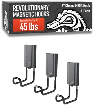 MEGA 3 in Closed Hooks, 45 lb Magnetic Hooks 3 Pack Patented Easy-Release, Non-Slip Grip. Works on steel cabinets, doors, garage, toolboxes, pole barns, utility vans & more MEGA 3 in Closed Hooks, 45 lb Magnetic Hooks 3 Pack Patented Easy-Release, Non-Slip Grip. Works on steel cabinets, doors, garage, toolboxes, pole barns, utility vans & more