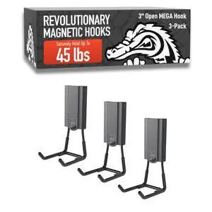 MEGA 3 in Open Hooks, 45 lb Magnetic Hooks 3 Pack Patented Easy-Release, Non-Slip Grip. Works on steel cabinets, doors, garage, toolboxes, pole barns, utility vans & more MEGA 3 in Open Hooks, 45 lb Magnetic Hooks 3 Pack Patented Easy-Release, Non-Slip Grip. Works on steel cabinets, doors, garage, toolboxes, pole barns, utility vans & more
