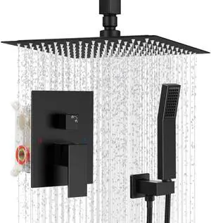 10" Square Ceiling Rain Shower Faucet Set,Matte Black Anti-scald cartridge, air tech boosts pressure 30%, dual spray, NPT 1/2 10" Square Ceiling Rain Shower Faucet Set,Matte Black Anti-scald cartridge, air tech boosts pressure 30%, dual spray, NPT 1/2