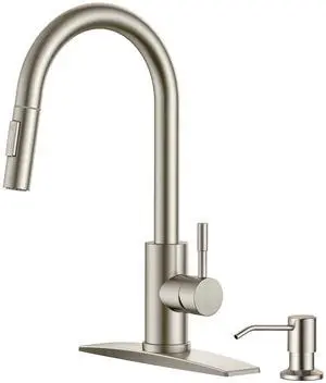Kitchen Faucet with Soap Dispenser, Brushed Nickel Single Handle No-Lead Stainless Steel Sink Faucet with Pull Down Sprayer, 1 or 3 Holes Deck Plate, High Arc Fit for Bar Farmhouse Laundry Kitchen Faucet with Soap Dispenser, Brushed Nickel Single Handle No-Lead Stainless Steel Sink Faucet with Pull Down Sprayer, 1 or 3 Holes Deck Plate, High Arc Fit for Bar Farmhouse Laundry
