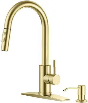 Gold Kitchen Faucet with Soap Dispenser, High Arc Single Handle No-Lead Stainless Steel Sink Faucet with Pull Down Sprayer, 1 or 3 Holes Deck Mount, High Arc Fit for Bar Farmhouse Laundry Gold Kitchen Faucet with Soap Dispenser, High Arc Single Handle No-Lead Stainless Steel Sink Faucet with Pull Down Sprayer, 1 or 3 Holes Deck Mount, High Arc Fit for Bar Farmhouse Laundry