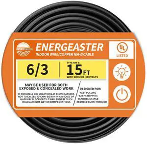 Stranded Indoor 6/3 NM-B Copper Cable with Ground 15FT, Black 15FT NMB Cable 6 Gauge Wire 3 Conductors 600V Bare Copper Non-Metallic Sheathed Stranded Indoor Residential Wire, UL Listed Stranded Indoor 6/3 NM-B Copper Cable with Ground 15FT, Black 15FT NMB Cable 6 Gauge Wire 3 Conductors 600V Bare Copper Non-Metallic Sheathed Stranded Indoor Residential Wire, UL Listed