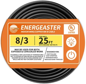 Stranded Indoor 8/3 NM-B Copper Cable with Ground 25FT, Black 25FT NMB Cable 8 Gauge Wire 3 Conductors 600V Bare Copper Non-Metallic Sheathed Stranded Indoor Residential Electrical Wire Stranded Indoor 8/3 NM-B Copper Cable with Ground 25FT, Black 25FT NMB Cable 8 Gauge Wire 3 Conductors 600V Bare Copper Non-Metallic Sheathed Stranded Indoor Residential Electrical Wire