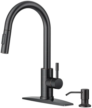 Kitchen Sink Faucet with Soap Dispenser, Oil Rubbed Bronze High Arc No-Lead Stainless Steel High Arc Faucet with Pull Down Sprayer, with Deck Plate, Fit for Bar Farmhouse Laundry Rv Outdoor Kitchen Sink Faucet with Soap Dispenser, Oil Rubbed Bronze High Arc No-Lead Stainless Steel High Arc Faucet with Pull Down Sprayer, with Deck Plate, Fit for Bar Farmhouse Laundry Rv Outdoor