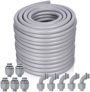 Liquid-Tight Conduit and Connector Kit - 1/2 Inch 100 FT Non Metallic Liquid Tight Electrical Conduit with 5 Straight and 5 Angle Fittings Liquid-Tight Conduit and Connector Kit - 1/2 Inch 100 FT Non Metallic Liquid Tight Electrical Conduit with 5 Straight and 5 Angle Fittings