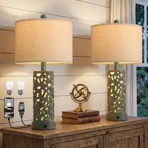 22'' Table Lamp Set of 2 for Living Room, Farmhouse Lamp for Bedroom, Vintage Bedside Lamps with Retro Design and USB Ports, Linen Shade for Home Office (Bulb Included, Green) 22'' Table Lamp Set of 2 for Living Room, Farmhouse Lamp for Bedroom, Vintage Bedside Lamps with Retro Design and USB Ports, Linen Shade for Home Office (Bulb Included, Green)