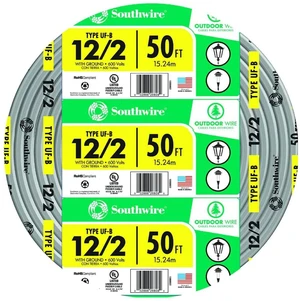 12/2 UF B Wire with Ground, 50 ft, Gray Solid Copper Direct Burial Cable for Outdoor & Underground Use, 600V 12/2 UF B Wire with Ground, 50 ft, Gray Solid Copper Direct Burial Cable for Outdoor & Underground Use, 600V