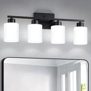Black Bathroom Light Fixtures Vanity Lights Over Mirror Modern 4-Light Lighting Fixtures for Bathroom With Milky White Frosted Glass Shades, E26 Socket (Bulbs Not Included) Black Bathroom Light Fixtures Vanity Lights Over Mirror Modern 4-Light Lighting Fixtures for Bathroom With Milky White Frosted Glass Shades, E26 Socket (Bulbs Not Included)
