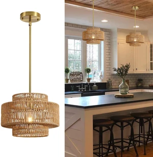 12.4" Rattan Pendant Light for Kitchen Island, Boho Chandelier 1-Light, Hand Woven, No Assembly, Gold Hardware, Farmhouse Coastal Drum Wicker Light Fixture Dining Room Hallway Entryway 12.4" Rattan Pendant Light for Kitchen Island, Boho Chandelier 1-Light, Hand Woven, No Assembly, Gold Hardware, Farmhouse Coastal Drum Wicker Light Fixture Dining Room Hallway Entryway