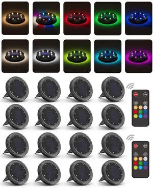 Color Changing Solar Ground Lights with Remote, IP67 Waterproof, 16Pack 9-Color & 2 Dynamic RGB, 33ft Long Distance Remote Control, Dusk-to-dawn Light Up, Outdoor Flat Disk Light for Yard Lawn Path Color Changing Solar Ground Lights with Remote, IP67 Waterproof, 16Pack 9-Color & 2 Dynamic RGB, 33ft Long Distance Remote Control, Dusk-to-dawn Light Up, Outdoor Flat Disk Light for Yard Lawn Path