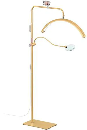 Half Moon Lash Light - Adjustable LED Floor Lash Lamp with 4X Magnifier & Phone Holder for Eyelash Extensions,Nail Art,Tattoo,Skincare,Salon SPA-Dimmable Brightness,Rotating Head, Gold Half Moon Lash Light - Adjustable LED Floor Lash Lamp with 4X Magnifier & Phone Holder for Eyelash Extensions,Nail Art,Tattoo,Skincare,Salon SPA-Dimmable Brightness,Rotating Head, Gold