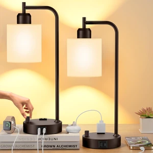 Industrial Table Lamps with Linen Shade, Set of 2 Fully Dimmable Bedside Lamps with USB A+C Ports and Outlet, Brown Nightstand Desk Lamps for Bedrooms Living Room Office, 2 LED Bulbs Included Industrial Table Lamps with Linen Shade, Set of 2 Fully Dimmable Bedside Lamps with USB A+C Ports and Outlet, Brown Nightstand Desk Lamps for Bedrooms Living Room Office, 2 LED Bulbs Included