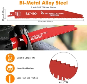 25 Pack 9 Inch 6/12 Tpi Reciprocating Saw Blades for Nail-Embedded Wood for Wood & Nail-Embedded Wood, Bi-Metal Sawzall Blades, Dual Tooth Design, with 8% Cobalt, Longer Life & Faster Cutting Speed 25 Pack 9 Inch 6/12 Tpi Reciprocating Saw Blades for Nail-Embedded Wood for Wood & Nail-Embedded Wood, Bi-Metal Sawzall Blades, Dual Tooth Design, with 8% Cobalt, Longer Life & Faster Cutting Speed