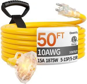 50FT 10 Gauge Extension Cord with Multiple Outlets Outdoor Yellow Heavy Duty 3 Outlet Extension Cord 50 Feet, Indicator, Yellow Flexible Waterproof SJTW, 15A 1875W, ETL Listed, Home/Garden 50FT 10 Gauge Extension Cord with Multiple Outlets Outdoor Yellow Heavy Duty 3 Outlet Extension Cord 50 Feet, Indicator, Yellow Flexible Waterproof SJTW, 15A 1875W, ETL Listed, Home/Garden