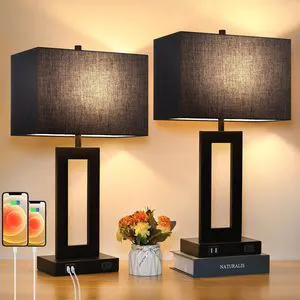 22" Black Modern Table Lamp Set of 2 with 2 USB Ports&AC Outlet 3 Way Dimmable, Touch Control, Black Fabric Shade, Desk Lamps for Living Room, Bedroom, 2 LED Bulbs Included 22" Black Modern Table Lamp Set of 2 with 2 USB Ports&AC Outlet 3 Way Dimmable, Touch Control, Black Fabric Shade, Desk Lamps for Living Room, Bedroom, 2 LED Bulbs Included