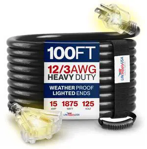 100ft Outdoor/Indoor Extension Cord 3-Outlet 12/3 Gauge Extra Heavy Duty 3 Prong SJTW, Waterproof, Flexible Cold-Resistant Long Power Cord,15A 125V 1875W, Black by 100ft Outdoor/Indoor Extension Cord 3-Outlet 12/3 Gauge Extra Heavy Duty 3 Prong SJTW, Waterproof, Flexible Cold-Resistant Long Power Cord,15A 125V 1875W, Black by