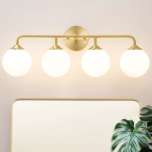 Modern Brushed Brass Bathroom Light Fixtures, Elegant Gold 4-Lights Vanity Light Fixtures, Milky White Globe Glass Shade Vanity Light over Mirror, Wall Sconces for Bathroom Dressing Table Bedroom Modern Brushed Brass Bathroom Light Fixtures, Elegant Gold 4-Lights Vanity Light Fixtures, Milky White Globe Glass Shade Vanity Light over Mirror, Wall Sconces for Bathroom Dressing Table Bedroom