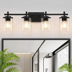 4-Lights Matte Black Bathroom Light Fixture, Modern Black Vanity Lights Over Mirror with Clear Glass Shade, Bathroom Wall Mounted Lamp for Mirror Living Room Hallway Cabinet 4-Lights Matte Black Bathroom Light Fixture, Modern Black Vanity Lights Over Mirror with Clear Glass Shade, Bathroom Wall Mounted Lamp for Mirror Living Room Hallway Cabinet