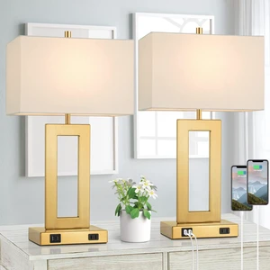 22" Gold Modern Table Lamp Set of 2 with 2 USB Ports&AC Outlet 3 Way Dimmable, Touch Control, White Fabric Shade, Bedside Desk Lamp for Living Room, Bedroom, 2 LED Bulbs Included 22" Gold Modern Table Lamp Set of 2 with 2 USB Ports&AC Outlet 3 Way Dimmable, Touch Control, White Fabric Shade, Bedside Desk Lamp for Living Room, Bedroom, 2 LED Bulbs Included