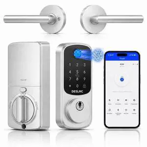 B200 Fingerprint Smart Lock with 2 Elegant Round Lever Handles 8-in-1 Unlock, Elegant Round Lever Design, Electronic Keypad Deadbolt, App Control, Auto Lock, Long Battery Life, Silver B200 Fingerprint Smart Lock with 2 Elegant Round Lever Handles 8-in-1 Unlock, Elegant Round Lever Design, Electronic Keypad Deadbolt, App Control, Auto Lock, Long Battery Life, Silver