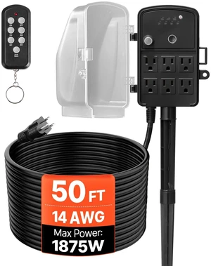 Outdoor Power Stake Timer, 50FT Extension Cord, Remote Control Outdoor Power Strip with Cover, Dusk to Dawn Light Timer Waterproof, 6 Outlets for Halloween Christmas Lights, Garden Decorations Outdoor Power Stake Timer, 50FT Extension Cord, Remote Control Outdoor Power Strip with Cover, Dusk to Dawn Light Timer Waterproof, 6 Outlets for Halloween Christmas Lights, Garden Decorations